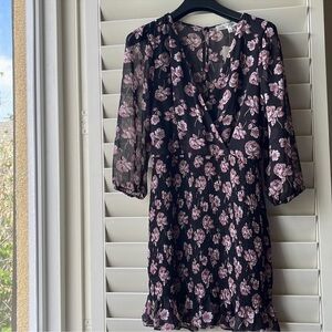 Black Floral V-Neck Smocked Waist Dress ROW.A  3/4 sleeve size XL,